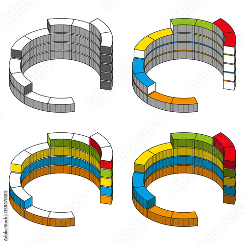 Set of colored isometric pie charts different heights ring segments with hard stroke. Cartoon style. Elements of infographics for business. Vector