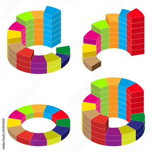 Set of colored isometric pie charts with white stroke. Elements of infographics for business. Vector