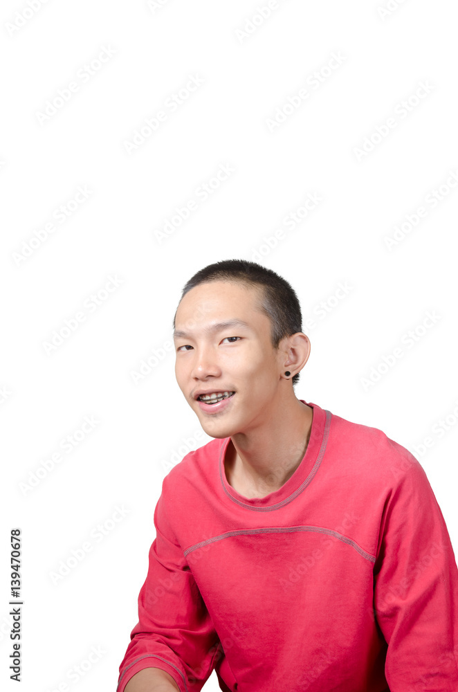 Portrait of a young Asian man wearing red t-shirt isolated on white Portrait of a young Asian man wearing red t-shirt isolated on white