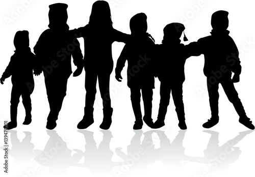 Vector silhouette of children on white background.