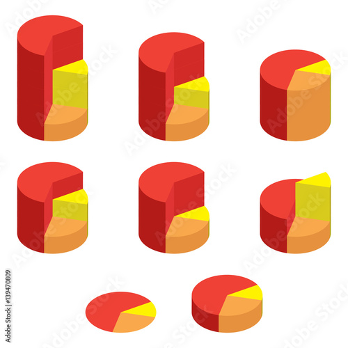 Set of bulk red and yellow isometric pie charts. Templates realistic three-dimensional pie charts. Business data, colorful elements for infographics. Vector
