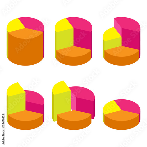 Set of bulk isometric pie charts different heights, separated segments. Templates realistic three-dimensional pie charts. Vector