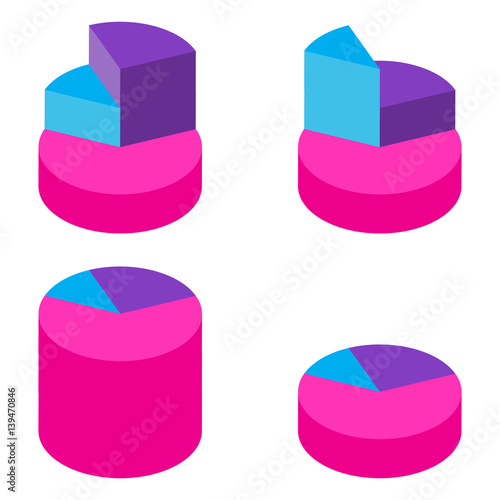 Set of bulk red and blue isometric pie charts. Elements of infographics for business. Vector