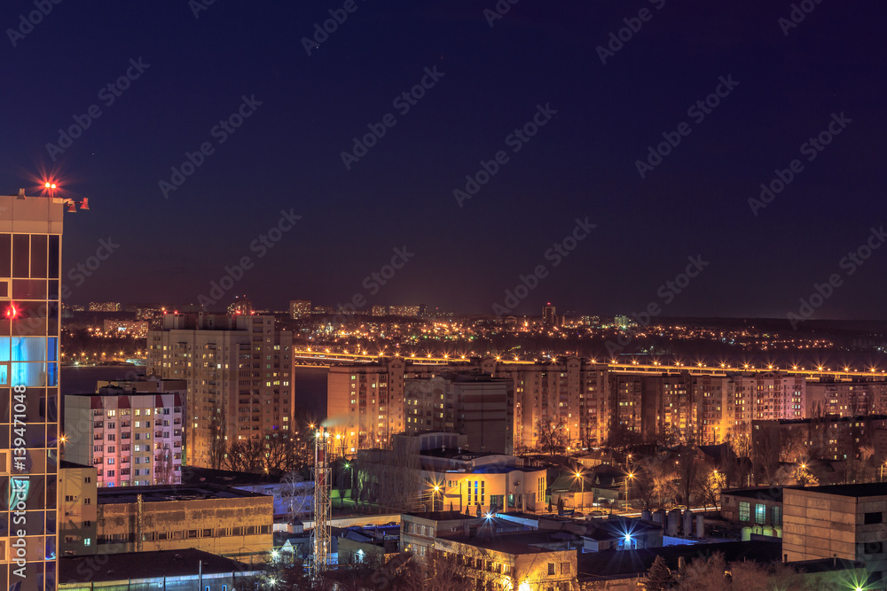 Night aerial cityscape view to urban modern apartment buildings in Voronezh 