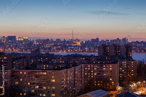 Night Voronezh city after sunset  blue hour  night lights of houses  buildings  