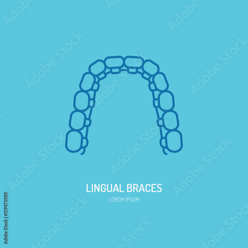 Dentist, orthodontics line icon of lingual braces, teeth alignment. Dental care equipment sign, medical elements. Health care thin linear symbol for dentistry clinic.