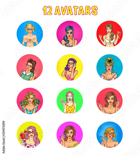 Collection of vector pop art female avatars for account in social networks