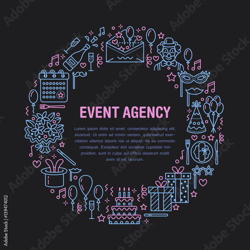 Event agency, birthday party banner with vector line icon of catering, birthday cake, balloon decoration, flower delivery, invitation card, clown. Thin linear sign of party organization service.