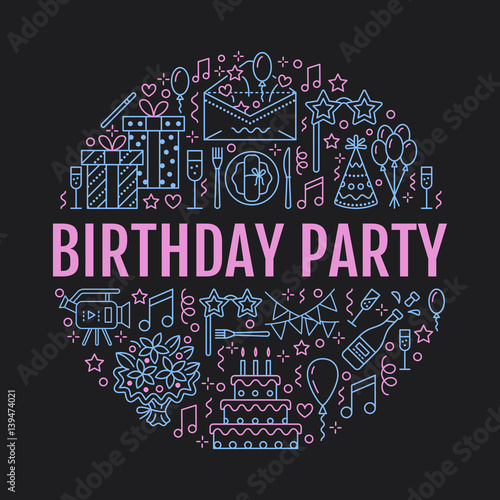 Event agency, birthday party banner with vector line icon of catering, birthday cake, balloon decoration, flower delivery, invitation card, entertainment. Thin linear sign party organization service.