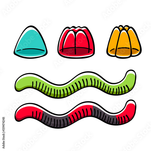 Jelly candies and worms vector illustration.