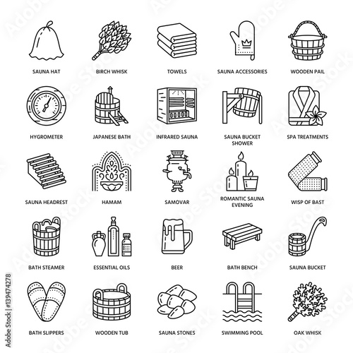 Sauna, steam bath line icons. Bathroom equipment birch, oak birch, bucket. Hammam, japanese, finnish, russian, infrared sauna sign. Spa relaxation accessories bathrobe, essential oils thin linear sign