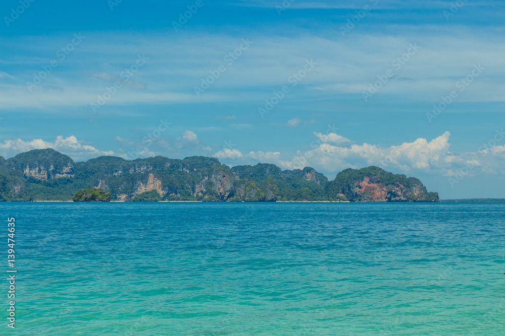 View from Koh Poda (Poda Island) to Railay and Phra Nang beach in Andaman sea, Krabi province, Thailand.