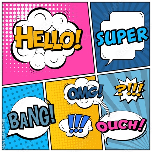 Abstract creative concept vector comic pop art style blank, layout template with clouds beams and isolated dots background. For sale banner, empty speech bubble set, illustration halftone book design.