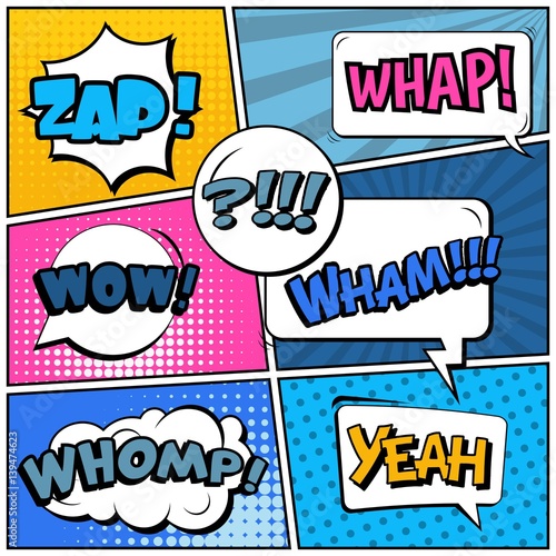 Abstract creative concept vector comic pop art style blank, layout template with clouds beams and isolated dots background. For sale banner, empty speech bubble set, illustration halftone book design.