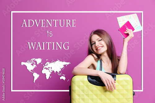 Female traveler with map, p...