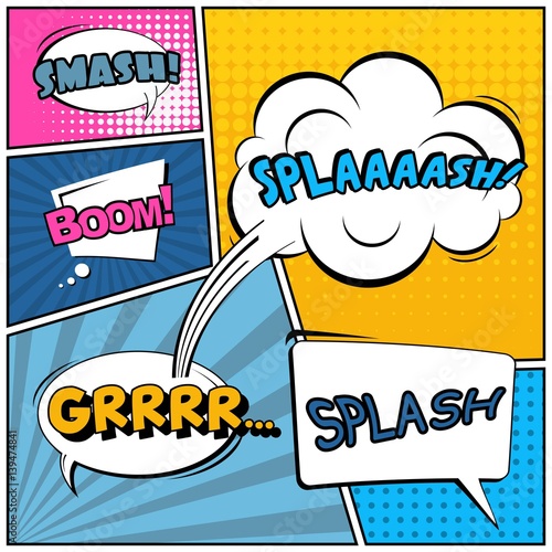 Abstract creative concept vector comic pop art style blank, layout template with clouds beams and isolated dots background. For sale banner, empty speech bubble set, illustration halftone book design.