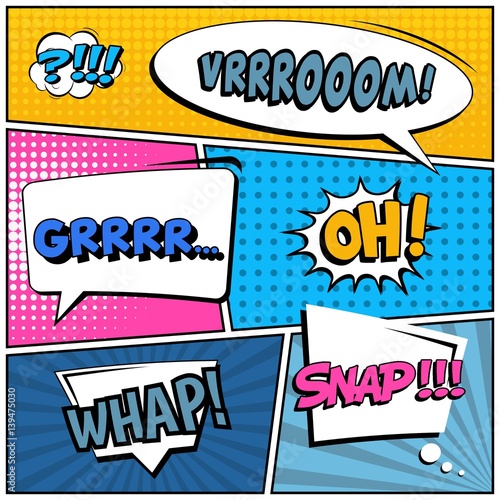 Abstract creative concept vector comic pop art style blank, layout template with clouds beams and isolated dots background. For sale banner, empty speech bubble set, illustration halftone book design.