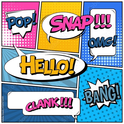 Abstract creative concept vector comic pop art style blank, layout template with clouds beams and isolated dots background. For sale banner, empty speech bubble set, illustration halftone book design.