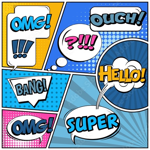 Abstract creative concept vector comic pop art style blank, layout template with clouds beams and isolated dots background. For sale banner, empty speech bubble set, illustration halftone book design.