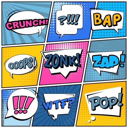 Abstract creative concept vector comic pop art style blank, layout template with clouds beams and isolated dots background. For sale banner, empty speech bubble set, illustration halftone book design.