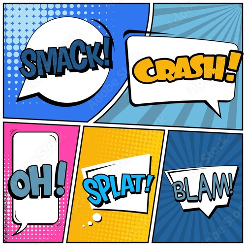 Abstract creative concept vector comic pop art style blank, layout template with clouds beams and isolated dots background. For sale banner, empty speech bubble set, illustration halftone book design.