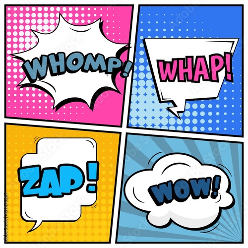 Abstract creative concept vector comic pop art style blank, layout template with clouds beams and isolated dots background. For sale banner, empty speech bubble set, illustration halftone book design.