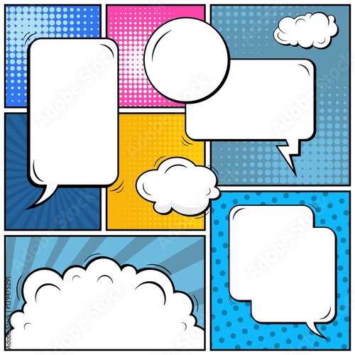 Abstract creative concept vector comic pop art style blank, layout template with clouds beams and isolated dots background. For sale banner, empty speech bubble set, illustration halftone book design.