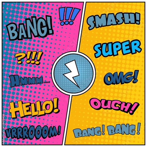 Abstract creative concept vector comic pop art style blank, layout template with clouds beams and isolated dots background. For sale banner, empty speech bubble set, illustration halftone book design.