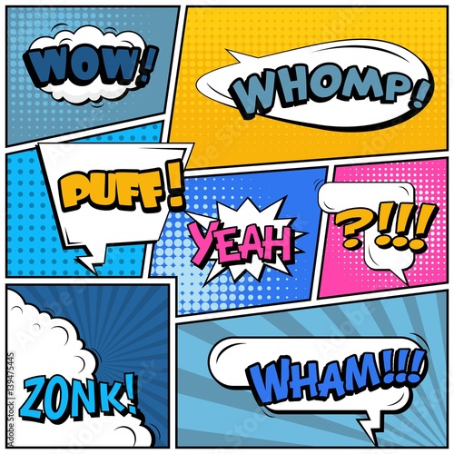 Abstract creative concept vector comic pop art style blank, layout template with clouds beams and isolated dots background. For sale banner, empty speech bubble set, illustration halftone book design.