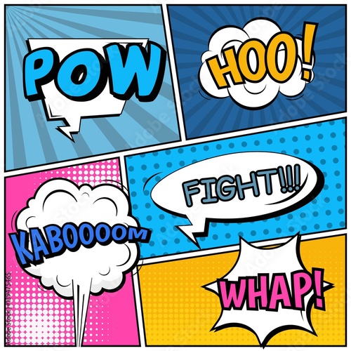 Abstract creative concept vector comic pop art style blank, layout template with clouds beams and isolated dots background. For sale banner, empty speech bubble set, illustration halftone book design.
