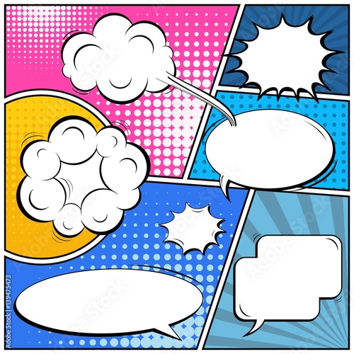 Abstract creative concept vector comic pop art style blank, layout template with clouds beams and isolated dots background. For sale banner, empty speech bubble set, illustration halftone book design.