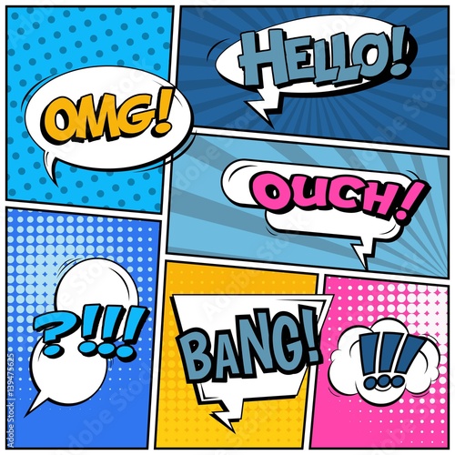 Abstract creative concept vector comic pop art style blank, layout template with clouds beams and isolated dots background. For sale banner, empty speech bubble set, illustration halftone book design.