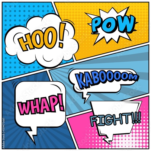 Abstract creative concept vector comic pop art style blank, layout template with clouds beams and isolated dots background. For sale banner, empty speech bubble set, illustration halftone book design.
