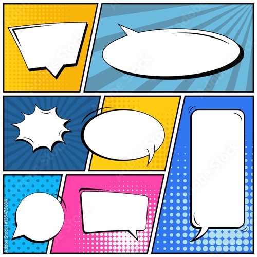 Abstract creative concept vector comic pop art style blank, layout template with clouds beams and isolated dots background. For sale banner, empty speech bubble set, illustration halftone book design.