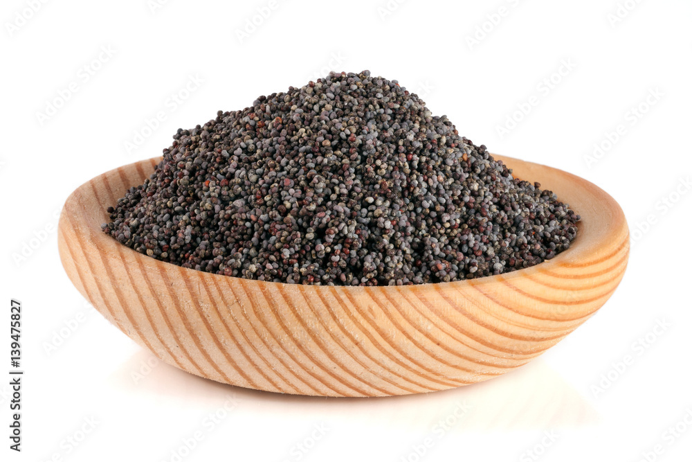 poppy seeds in a wooden spoon isolated on white background poppy seeds in a wooden spoon isolated on white background