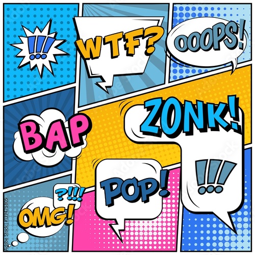 Abstract creative concept vector comic pop art style blank, layout template with clouds beams and isolated dots background. For sale banner, empty speech bubble set, illustration halftone book design.