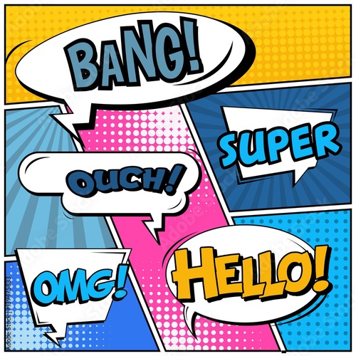 Abstract creative concept vector comic pop art style blank, layout template with clouds beams and isolated dots background. For sale banner, empty speech bubble set, illustration halftone book design.