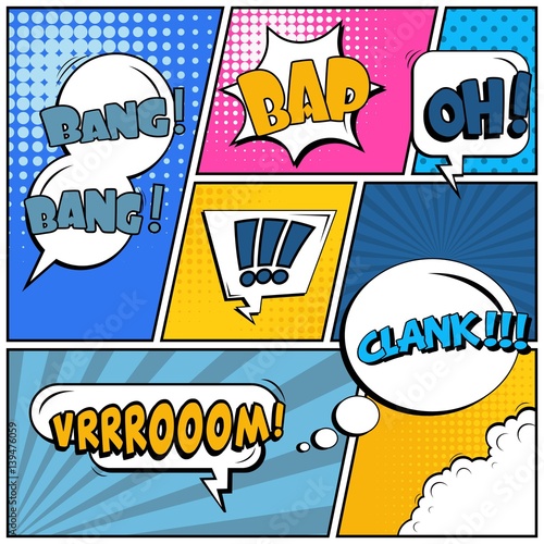 Abstract creative concept vector comic pop art style blank, layout template with clouds beams and isolated dots background. For sale banner, empty speech bubble set, illustration halftone book design.