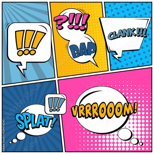Abstract creative concept vector comic pop art style blank, layout template with clouds beams and isolated dots background. For sale banner, empty speech bubble set, illustration halftone book design.