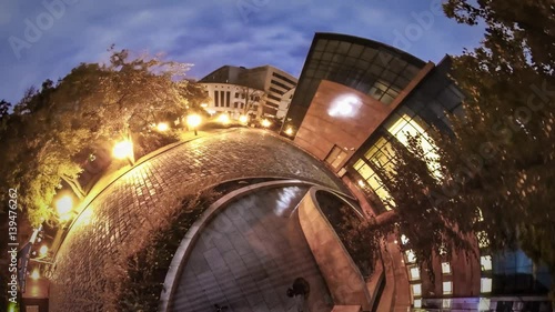 Little Tiny Planet 360 Degree Evening Alley Philharmonia New Building Enchanting Town Structure of Glass Panels on a Square Dusk Sights of Opole Tourism photo