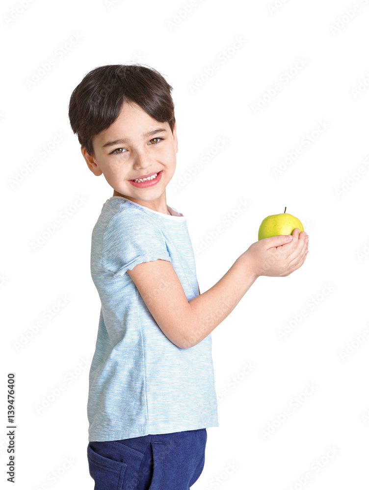Cute little boy with apple on white background Cute little boy with apple on white background