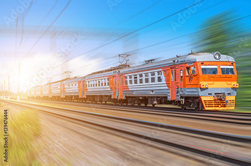 Passenger electric train long rides speed railway wagons journey light
