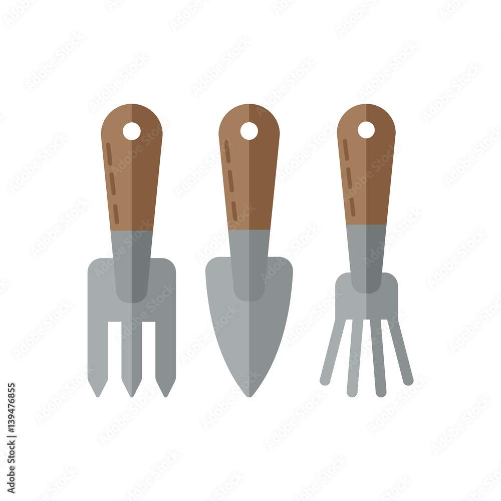 Set of three garden tools rake, shovel and hoe. Flat style on white background. Vector illustration.

