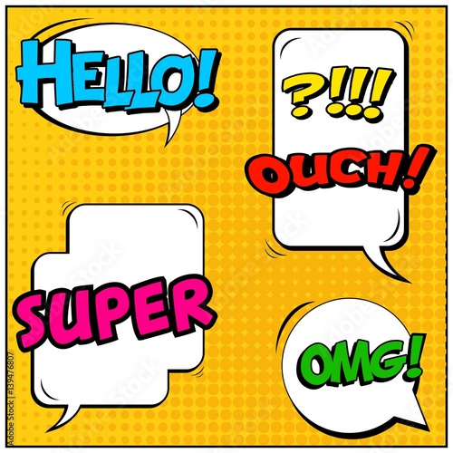 Abstract creative concept vector comic pop art style blank, layout template with clouds beams and isolated dots background. For sale banner, empty speech bubble set, illustration halftone book design.
