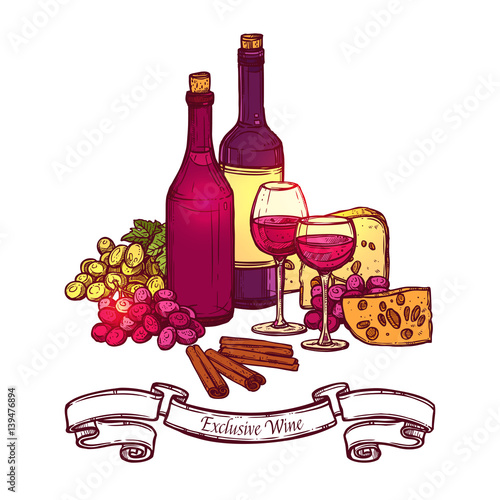 Hand Drawn Sketch Wine Still Life With Bottles,Glasses, Grapes And Cheese