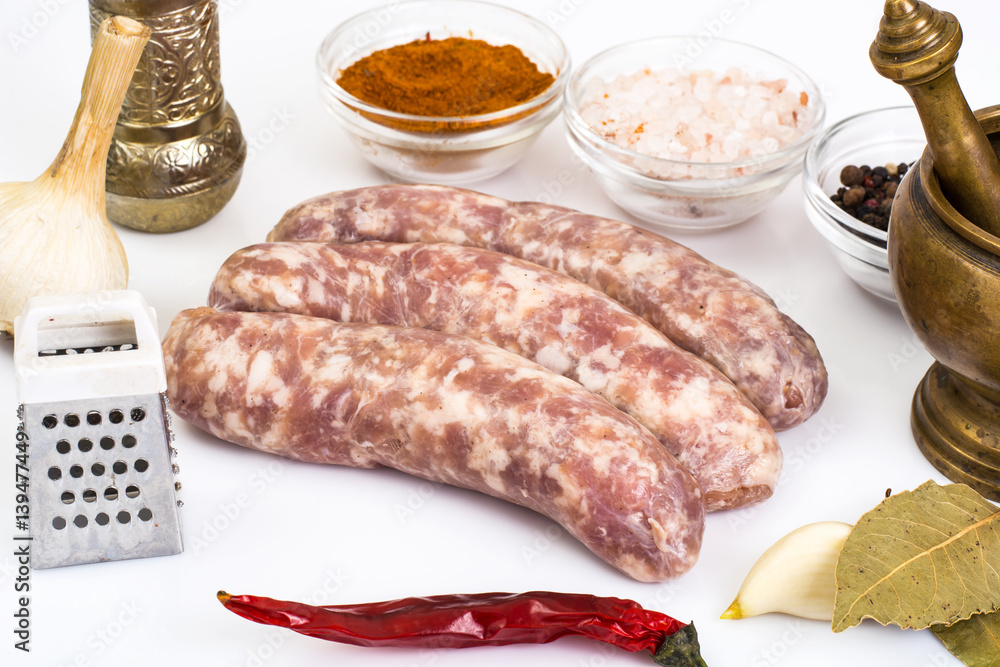 Crude homemade sausage with spices Crude homemade sausage with spices