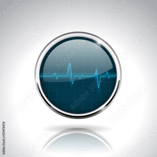 Electrocardiogram sign. Dark blue round 3d icon with chrome frame