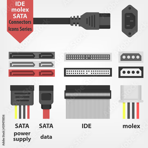 Hard Disk and PC power connectors. Sata IDE and molex Cables Vector Icon Illustration. Old and new hard drive support interfaces and sockets in flat style photo