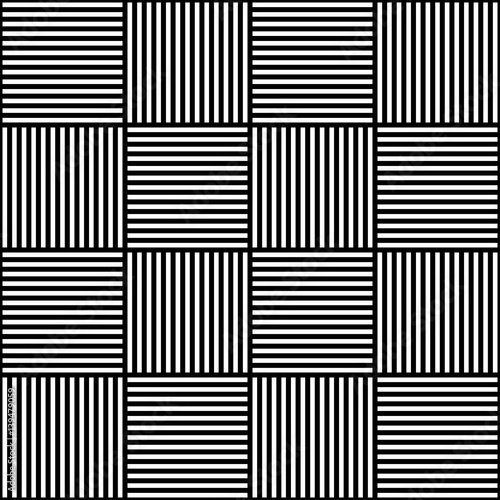 Vector abstract geometric seamless pattern. Weaving textile fabric with black and white crossed straight lines. Checked background texture in linear arrangement.