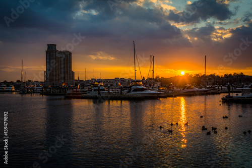Sunset over a marina in Harbor East, Baltimore, Maryland. © jonbilous